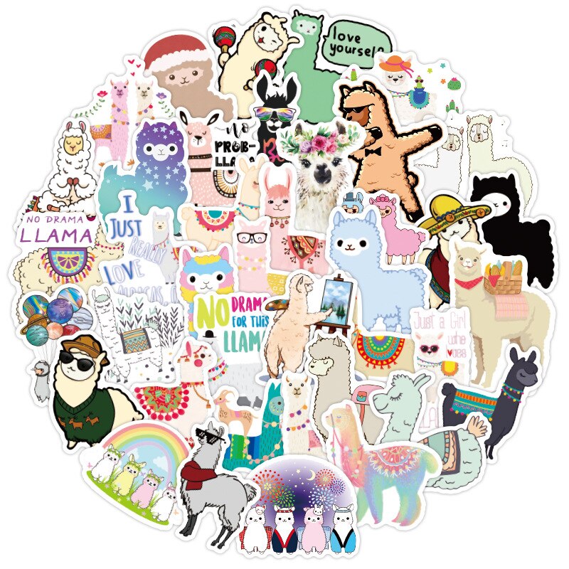 50 pièces lama alpaga mignon autocollant Kawaii dessin animé chameau mouton animaux autocollants pour enfants récompense autocollants Scrapbooking vélo voiture décalcomanie