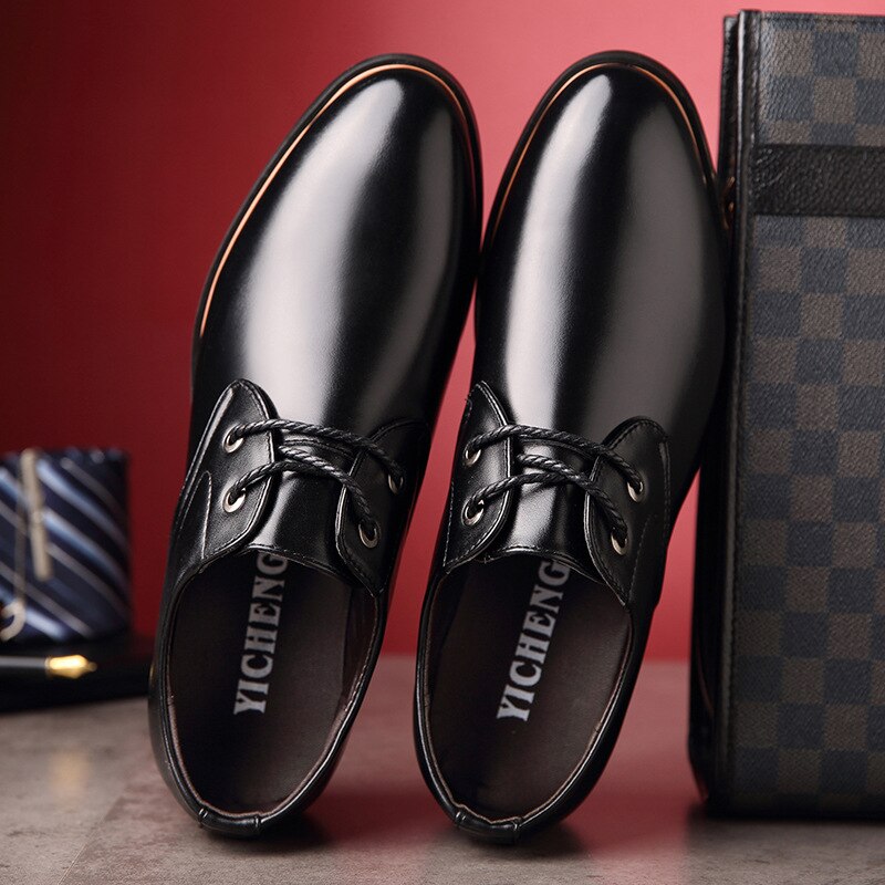 Men Dress Shoes Formal Business Work Soft Patent Leather Round Toe for Man Male Men's Oxford Flats Lace-Up