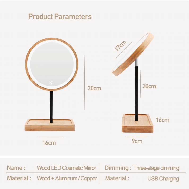 Wooden Desktop LED Makeup Mirror USB Charging Adjustable Bright Diffused 360 Rotation Light Up Mirror