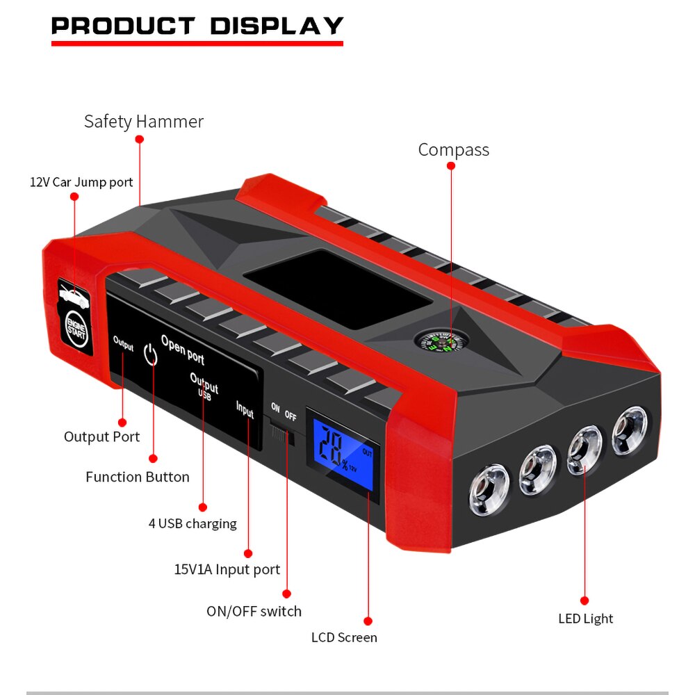 Démarreur de saut de voiture Portable, Booster de batterie, avec Port de charge intelligent, boussole, écran LCD et lumière LED, 1000a, 89800mAh