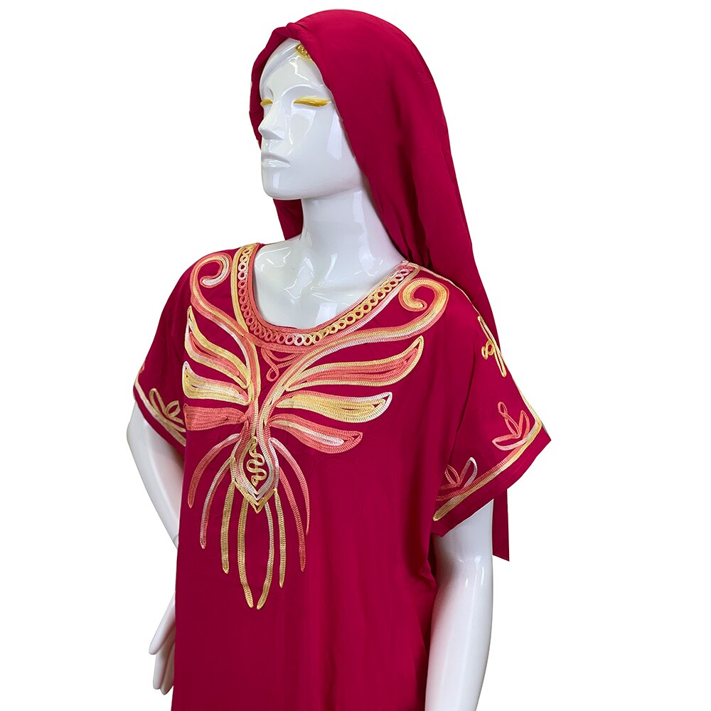 Abaya musulmana de algodón para mujer, caftán Dashik de Oriente Medio, ropa de África, India, Arabia Saudita, Pakistán, turbante bordado Djellaba R08: Rojo