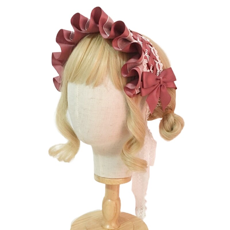 Lolita – coiffe japonaise de demoiselle Cosplay, bandeau à nœud papillon croisé à volants, doux ruban de dentelle florale, accessoire de cheveux de fête: B