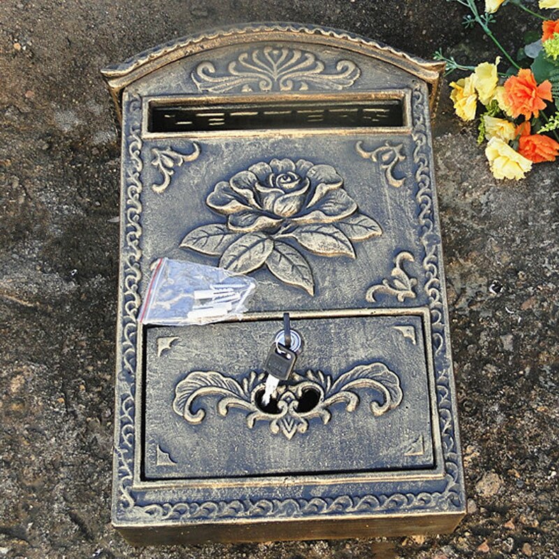 Locking Wall Mounted Mailbox - Bronze Vintage Aluminum with Rose Residential Secure Locking Mail Letter Box