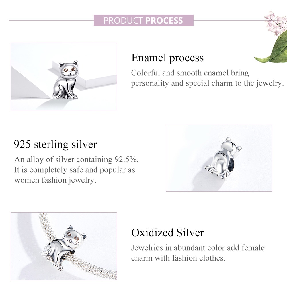 Breloques animaux BISAER 925 argent Sterling chat chatte chaton perles breloques ajustement bracelets porte-bonheur argent 925 bijoux ECC1305