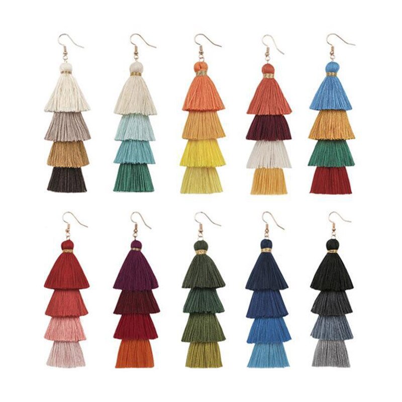 Bohemian 4 Gelaagde Kwastje Oorbellen Voor Vrouwen Etnische Lange Fringe Multi kleur Verklaring Dangle Earring Meisjesschoenen Sieraden