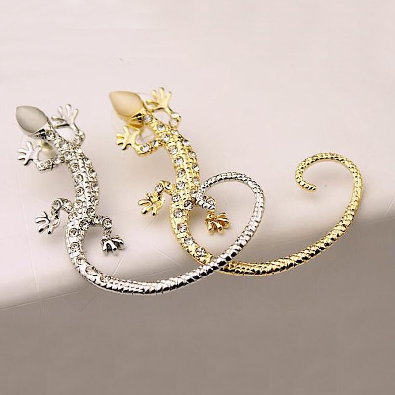 1 Pc Vrouwen Mode Punk Rock Rhinestone Lizard Oor Manchet Oorbellen Voor Vrouwen Goud Kleur Animal Gekko Earcuff