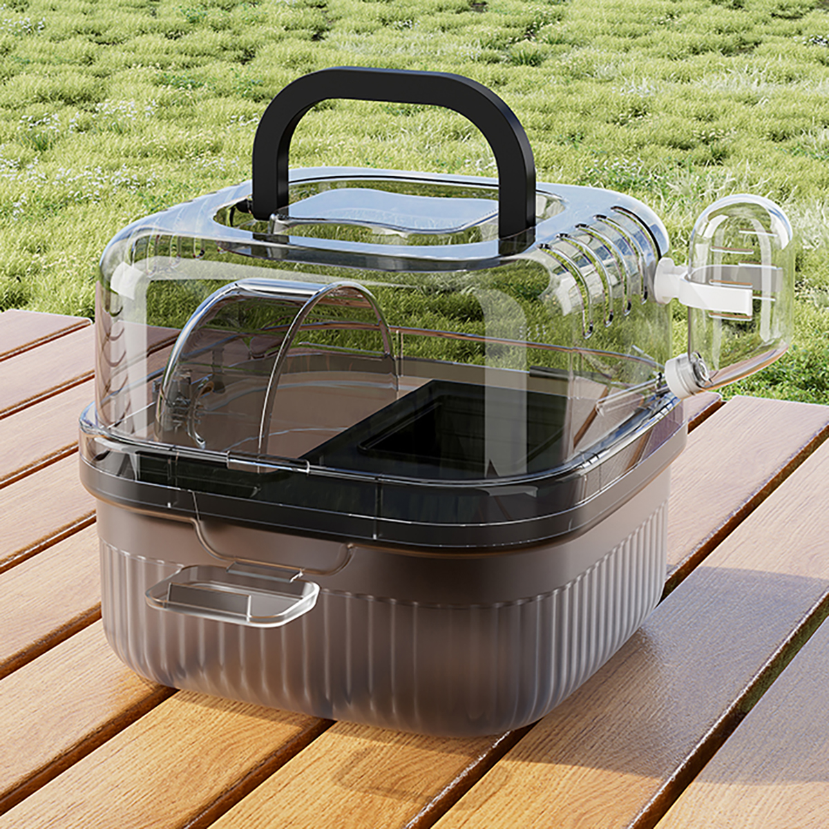 Jaula transportadora para exteriores para hámster, jaula portátil para hámster con cubierta abatible grande transparente para transporte de aves y hámster, suministros para mascotas: Negro