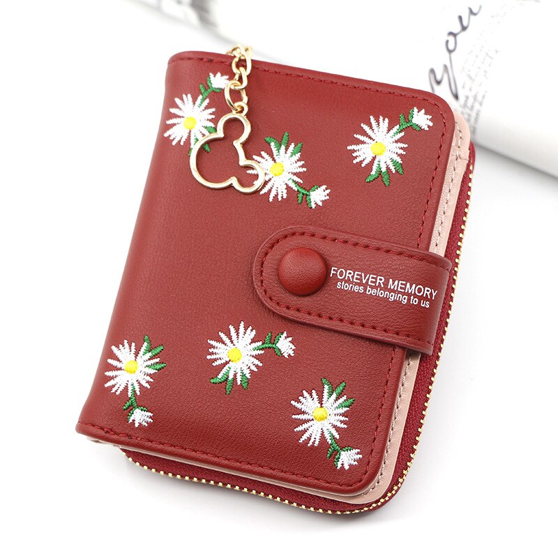 Flower Embroidery Women's Leather Wallet With Coin Pocket Short Purse For Female Ladies Clutch Bag Credit Card Holder: Red