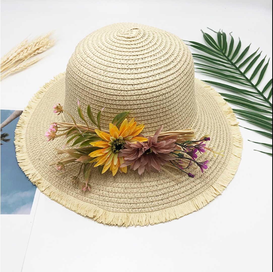 Visera ancha de paja plegable para mujer, sombrero de playa , informal, bohemio, con cordones y flores, protección solar, para verano: H