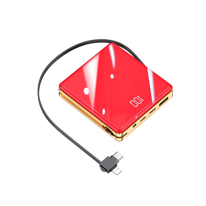 Mini powerbank 10000 mah externe batterij led-verlichting draagbare reis powerbank snel opladen back-up powerbank met kabels: Rood