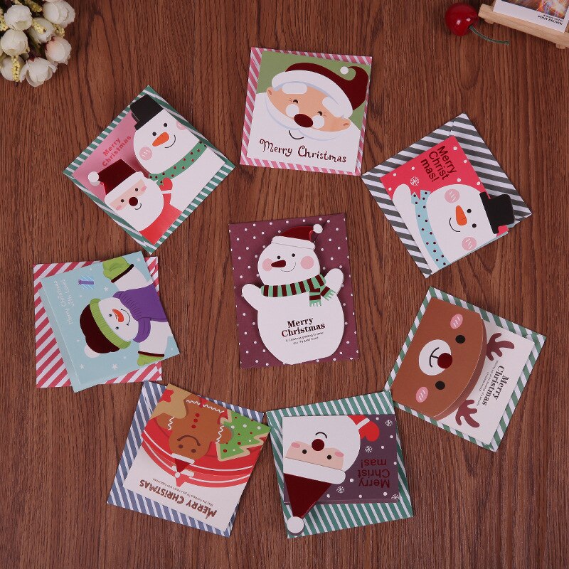 8 stks/partij Mini Cartoon Kerst Wenskaarten Bericht Postkaart met Envelop Willekeurige Patroon DV008