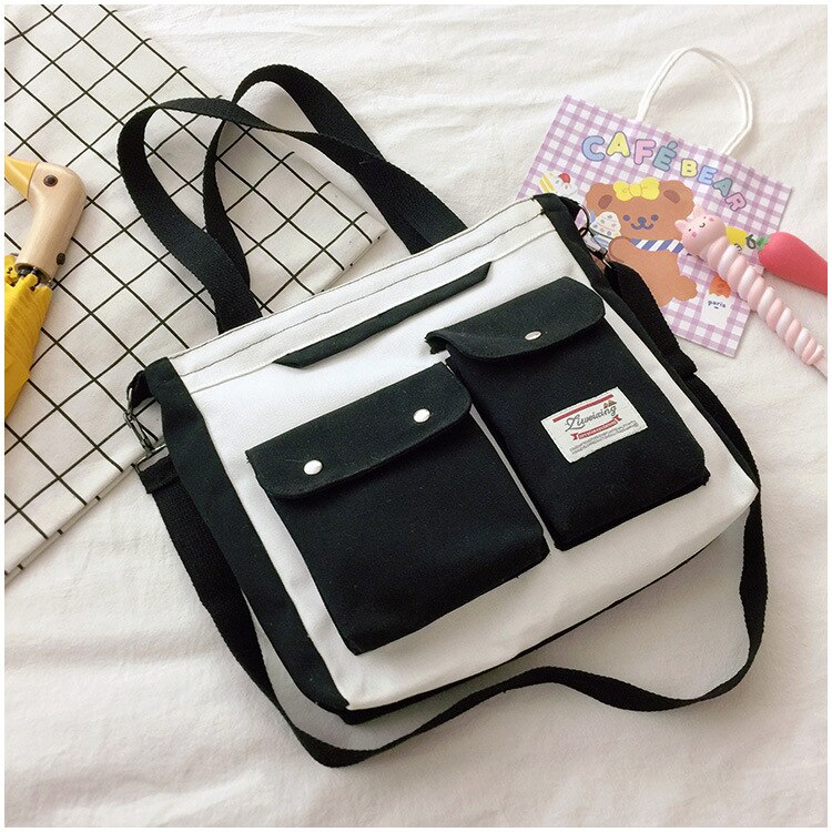 Women&#39;s Double Pocket Canvas Bag Trend Single Shoulder Bag with Lid Zipper Messenger Bag Tote Bag Student Tuition Bag: Black-no pendant