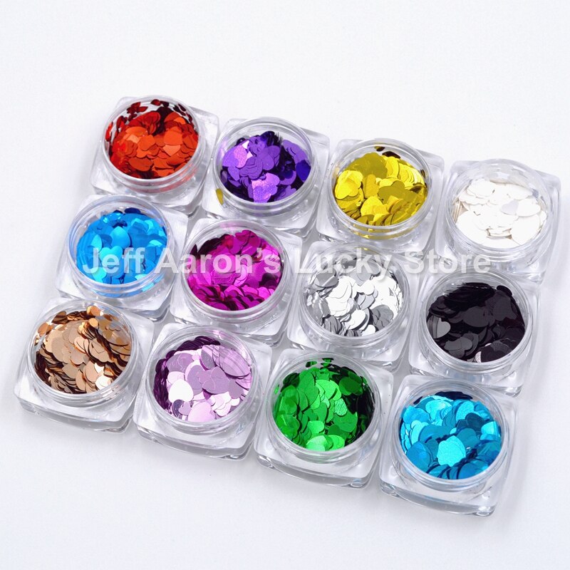 12 Pcs Gemengde Grootte Acryl Hart Nail Art Glitter Pailletten Decals Set Voor Nail Tips Decoratie Tool 12 Kleuren 3mm 4.5Mm 6Mm