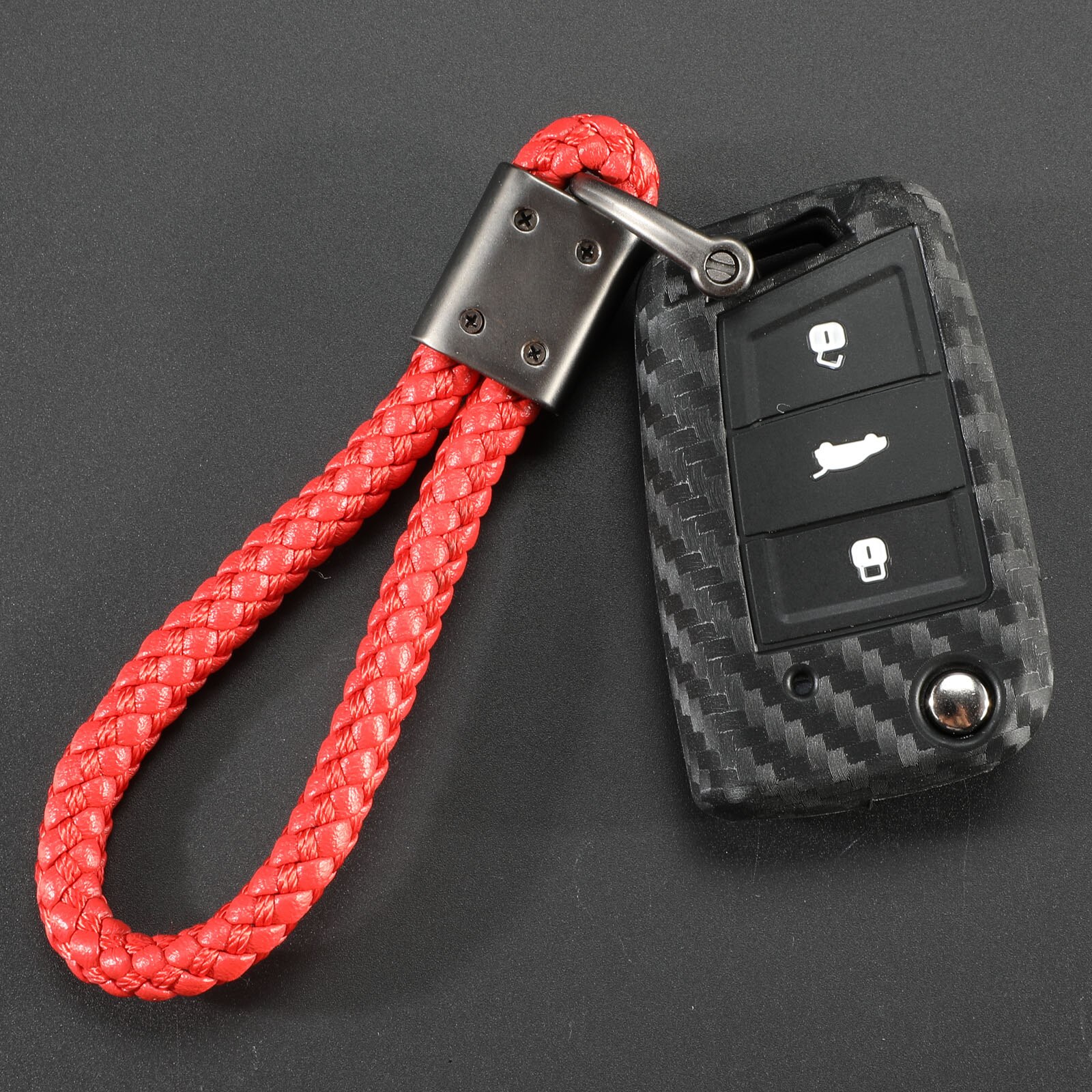 Carbon Silicone Key Case Cover For VW Polo Golf 7 Tiguan Skoda Octavia Karoq SEAT Ateca Leon Ibiza KeyChain Key Ring: v Red  Long braid