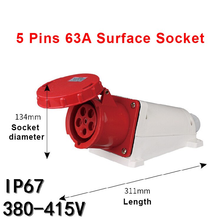 Industrial Plug Socket Waterproof Aviation Explosion-proof Connector Surface And Concealed 3 4 5 Core Pins 63A/125A IP67: 5 Pins 63A Surface