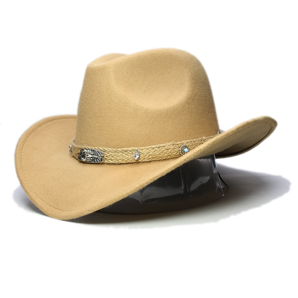 Retro beige skorpion strikket bånd forældre-barn kvinder mænd/kid uld bred skygge cowboy western hat cowgirl bowler kasket  (57cm/54cm): Kamel / Børne størrelse 54cm