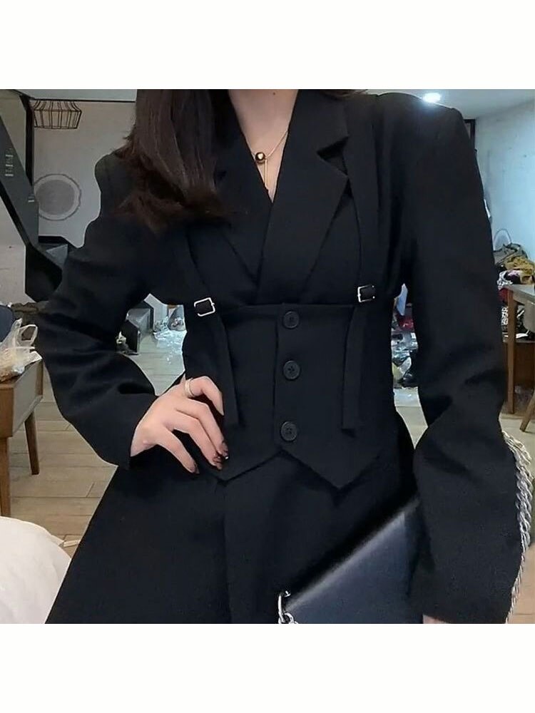 Chaqueta de vestir para mujer, conjunto de Blazer de 2 piezas, traje Retro europeo, cinturón de cintura informal, chaleco con cordones, Otoño,