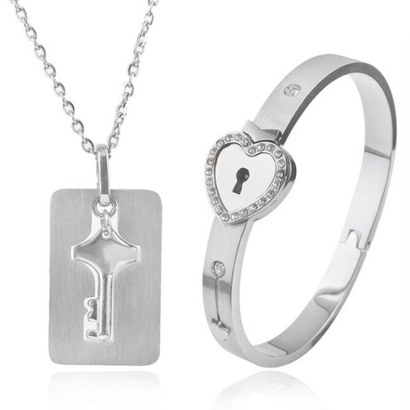 A Couple Lovers Jewelry Love Heart Lock Bracelet Stainless Steel Bracelets Bangles Key Pendant Necklace Jewelry: E