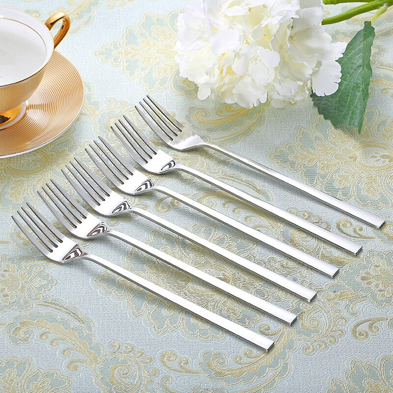 6pcs 8.5''Stainless Steel Dinner Fork Salad Dessert Fruit Forks Cutlery Four Tine Flatware set Korean Long Handle Table Fork set