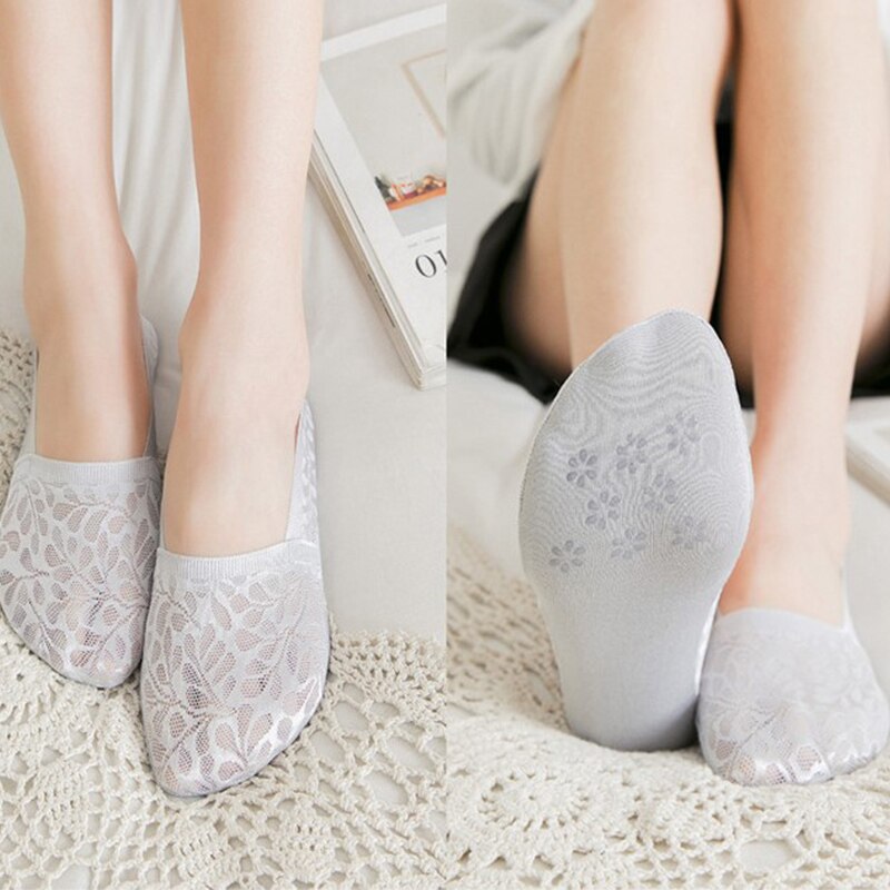 Sexy Breathable Black Skin color Lace Printed Antiskid Ankle Sock Flower Summer Invisible Short Women Socks