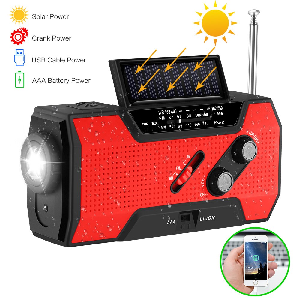 Solar Powered Hand Crank Radio Phone Charger Power Bank Portable Solar Hand Crank 4-LED Light Rechargeable SOS Alarm radio: red