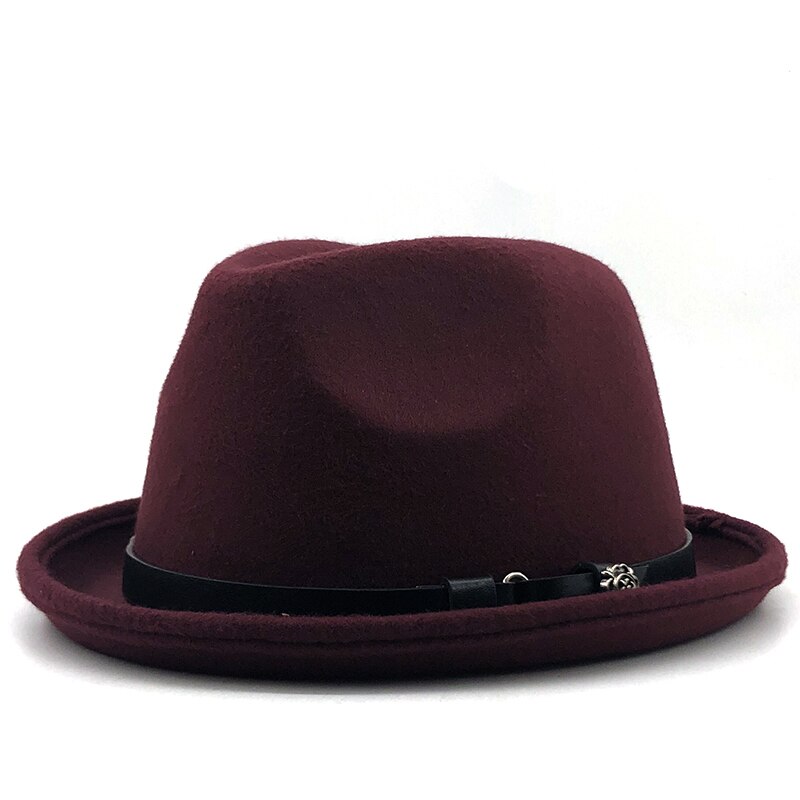 Simple Men&#39;s Felt Fedora Hat for Gentleman Winter Autumn Church Roll Up Brim Homburg Dad Jazz Hat: wine red