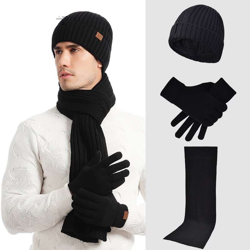 Vinter hat tørklæde handsker til kvinder mænd tyk bomuld dame hat og tørklæde sæt hat og tørklæde til kvinder 3 stykker sæt: Balck