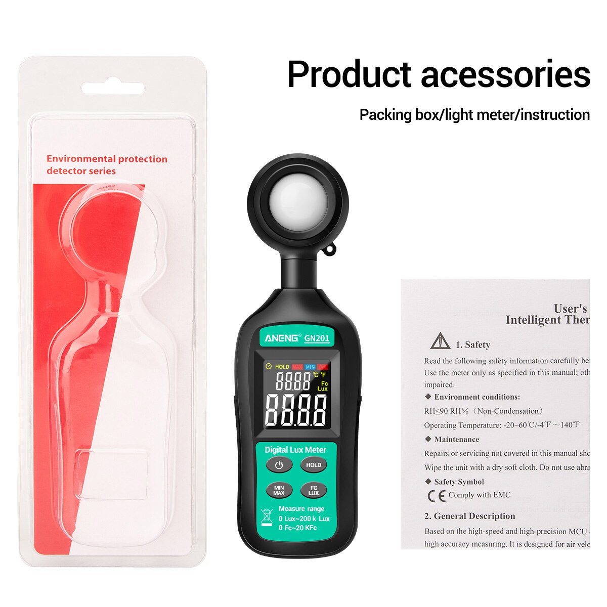 ANENG Mini Digital Lux Meter 0-20,0000 Lux Illuminance Meter LCD Display Handheld Illuminometer Light Meter Photometer Luxmeter