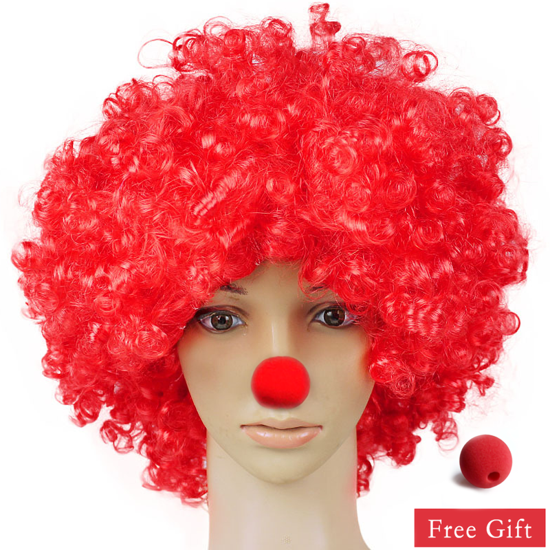 Kleurrijke Clown Pruik Afro Krullend Synthetische Pruik Cosplay voor Mannen Vrouwen Mardi Gras Party Pruik Rood Groen Geel Blauw Pruik Clown Neus: Rood