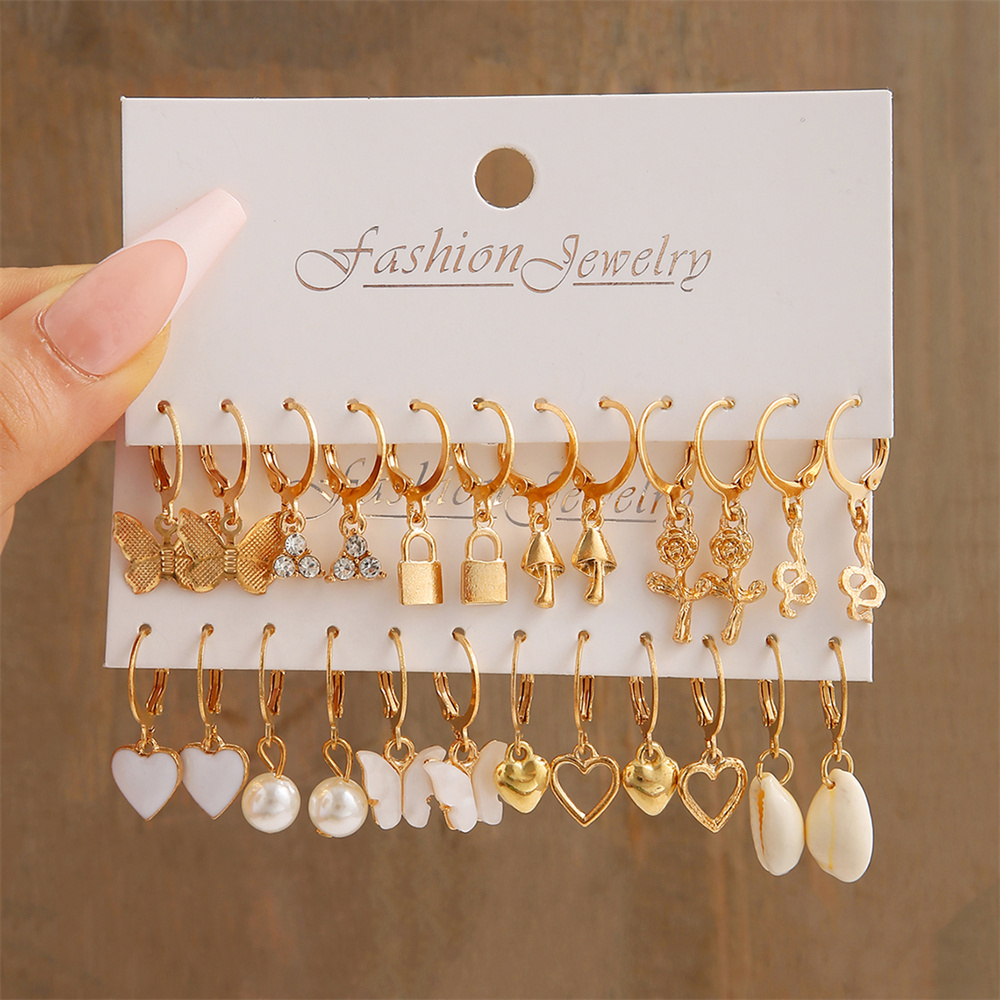 Heart Pearl Dangle Earrings Set Metal Gold Color Butterfly Locks Earrings for Women Shell Trendy Jewelry Hoop Earrings: Red