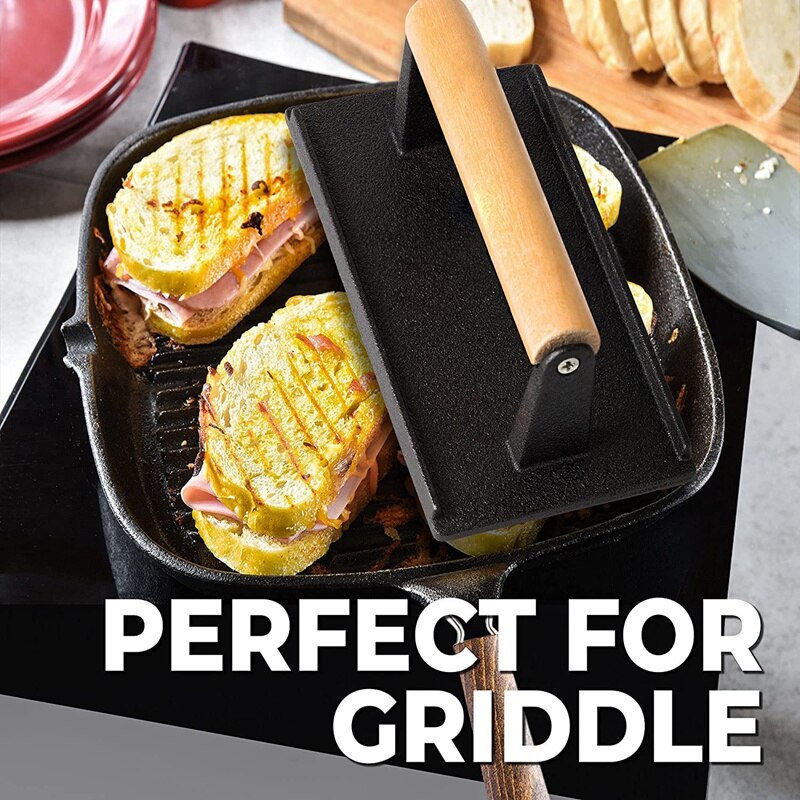 Cast Iron Grill Press, Pre-Seasoned Burger Press And Steak Weight With Cool-BBQ Accessories For Griddle, Outdoor Grill