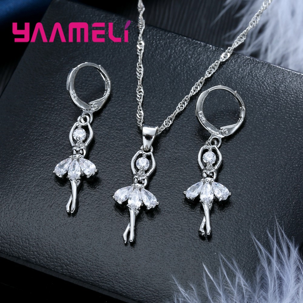 Solide S925 Sterling Silber Schmuck Sets Nette Ballett Tänzerin Halskette Hoop Schleife Ohrringe für Frauen Party