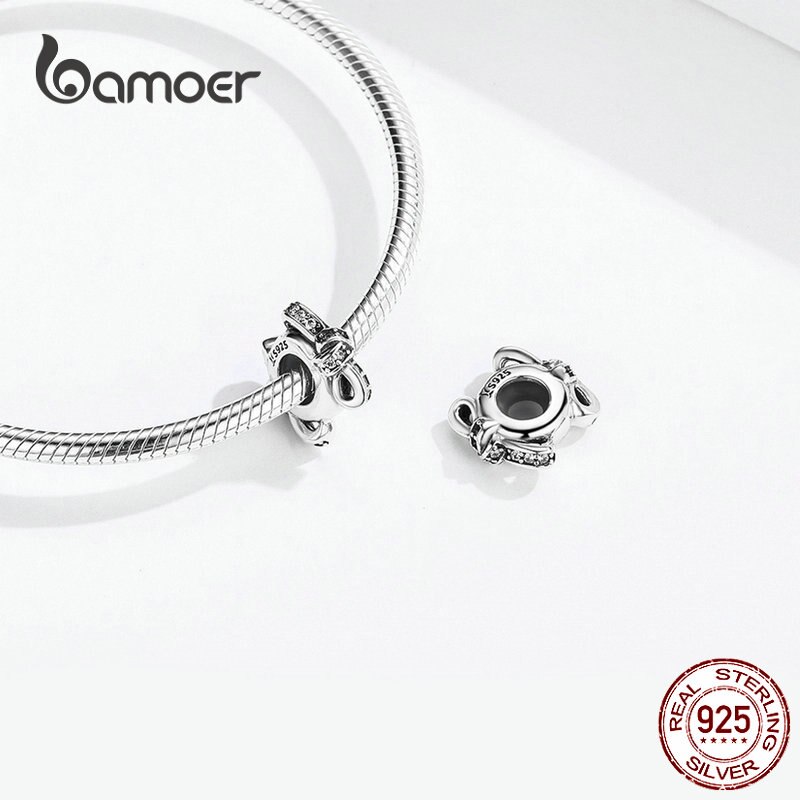 Bamoer bowknot espaçador rolha com silicone 925 prata esterlina claro cz nó charme para o original 925 prata pulseira scc1234