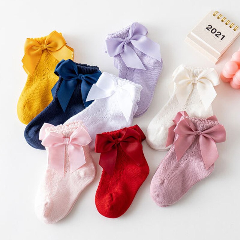 Lint Boog Baby Meisje Sokken Lente Zomer Katoenen Sokjes Effen Kleur Kinderen Ademende Sokken Voor Pasgeboren Baby Peuter 0-18M