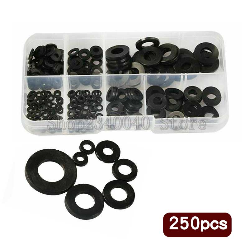 250pcs Nylon Rubber Flat Ring Plain Repair Washer Gasket Assortment Kits M2 M2.5 M3 M4 M5 M6 M8 Nylon Washer Flat Spacer Washer