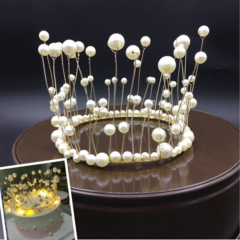 Metall pärla prinsessa crown cake topper konstgjorda pärlor huvudbonad bröllopstårta dekorera baby shower födelsedag topper handgjorda