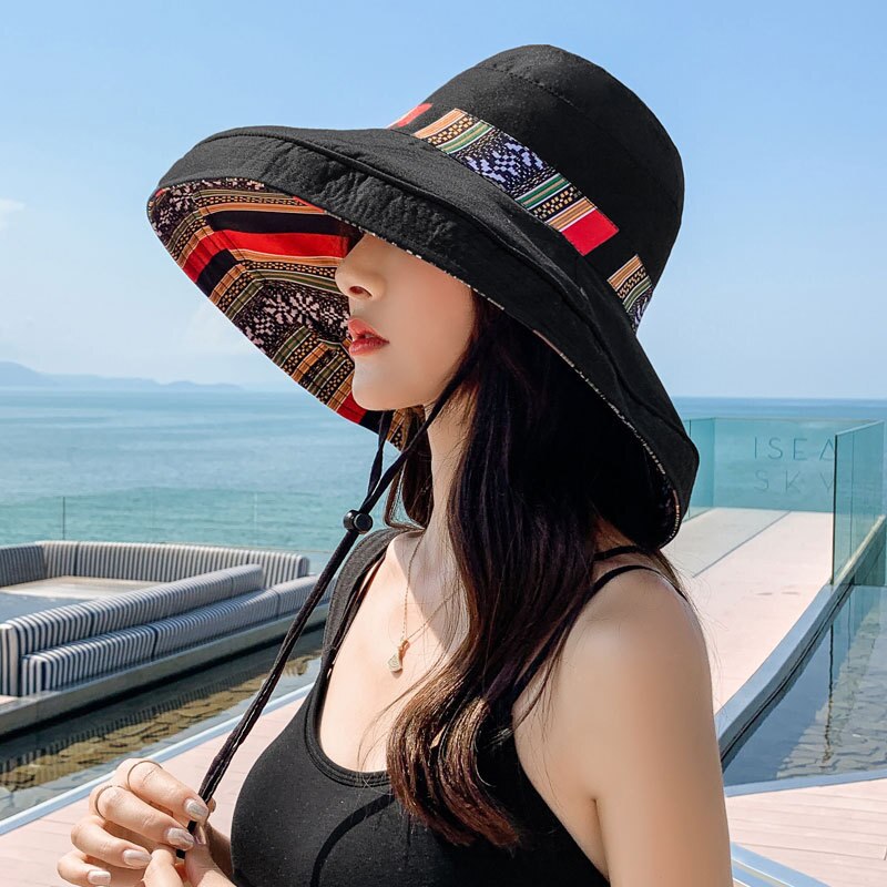Seaside Sun Visor Hat Female Summer Sun Hats For Women large Brimmed Sun Hat Folding Beach Girls Caps: black