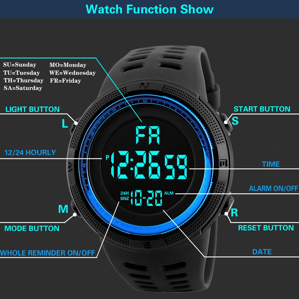 Mannen Elektronische Horloge Display Datum Kalender Week Alarm Led Digitale Sport Horloge 30M Waterdicht Horloge Plastic Band Relogio