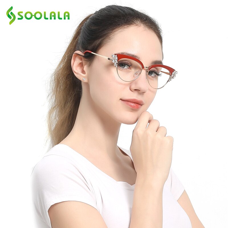 SOOLALA Anti Blue Light Glasses Women Cateye Rhinestone Eyeglass Frames Computer Anti Reflective Blue Light Blocking Glasses
