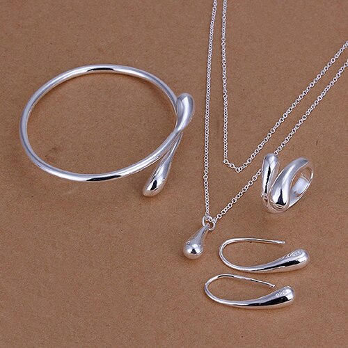 Mulheres de Prata Banhado Conjunto de Jóias Colar Pulseira Anel Gancho Oval Brincos de Noivado Casamento Moda Conjunto de Jóias de Presente de Luxo