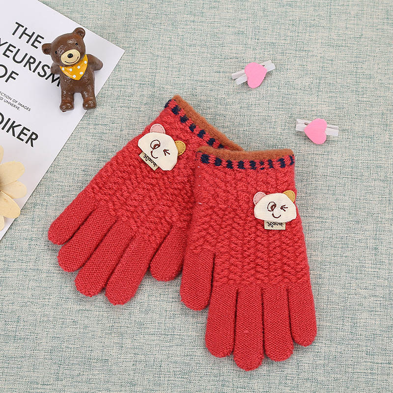 Warmom Winter Warme Handschoenen Voor Mannen En Vrouwen Schattige Beer Gebreide Wollen Handschoenen Studenten Outdoor Plus Fluwelen Voor 4-8 Jaar Oud: Rood