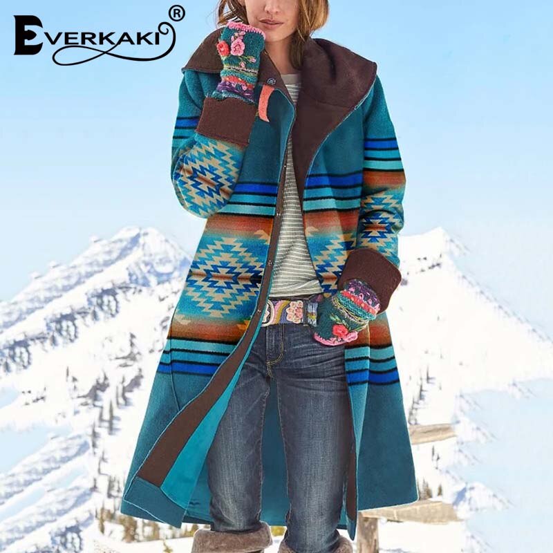 Everkaki Etnische Print Lange Jas Vrouwen Herfst Bovenkleding Met Hoed Dames Boho Dikke Jassen Losse Vrouwelijke Winter Mode: Blue / L