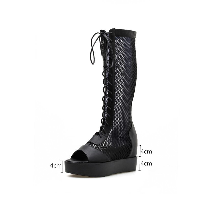 Ymechic Zomer Zwart Platform Laarzen Punk Gothic Lace Up Lange Kruis Gebonden Gladiator Sandalen Laarzen Vrouwelijke Wiggen Schoenen Zomer