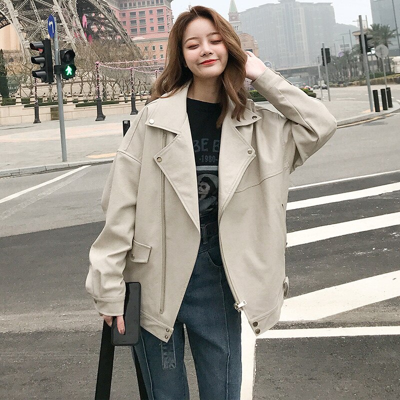 Aelegantmis Oversized Coat Women Faux Leather Jacket Spring Autumn Loose Biker Motorcycle Jackets Female Punk Streetwear