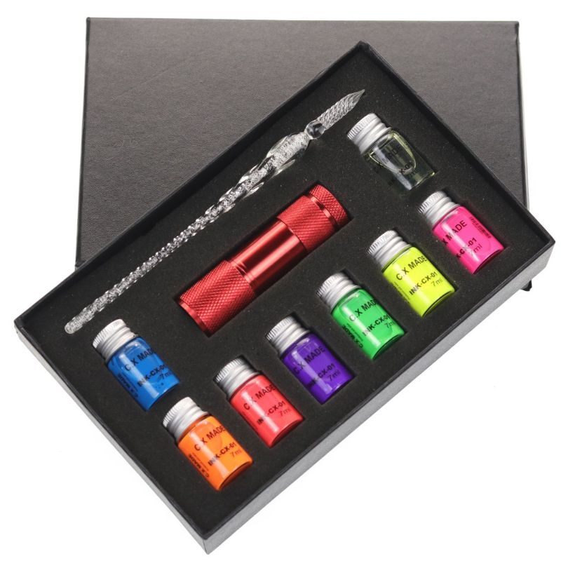 10Pcs/Set Invisible Fluorescence Bottled Dip Signature Pen Ink With Glass Fountain Dip Writing Pen Art Supplies K3KB