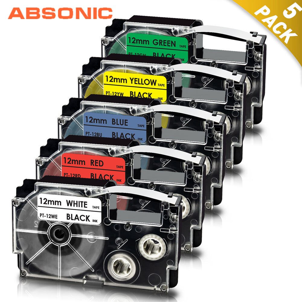 Absonic 20PK 12mm XR12WE Label Tape Compatible for CASIO XR-12WE Black on White Raplace for Casio KL-60 KL-60SR Label Makers: 5PK Mixed Color