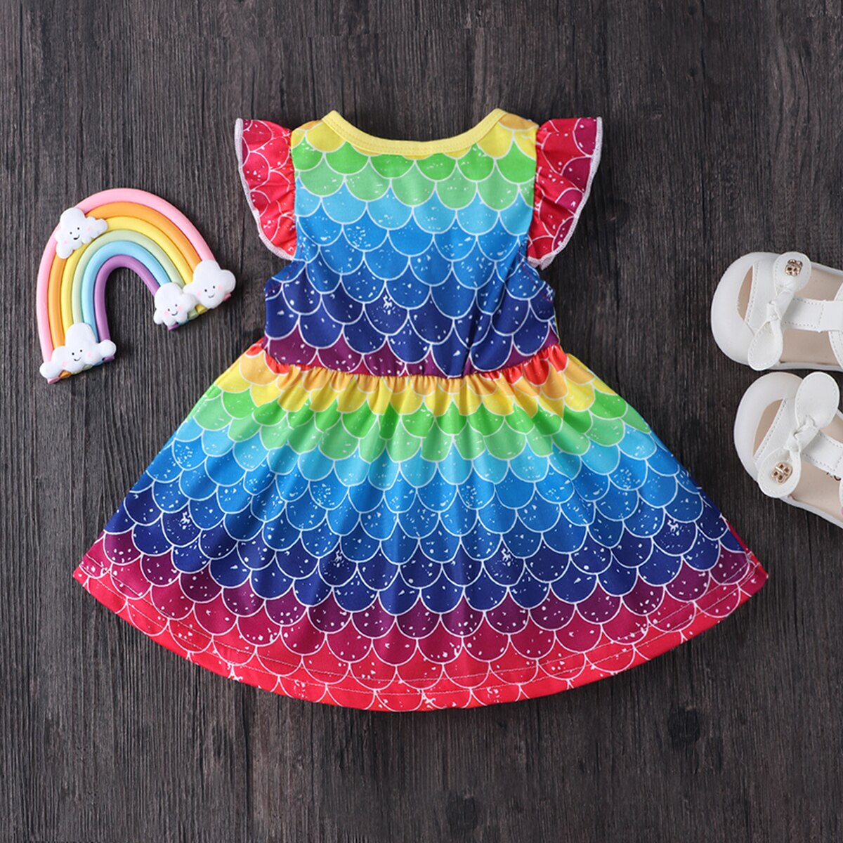 Pudcoco Baby Girls Rainbow Color Dress Summer Scales Pattern Round Neck Flying Sleeve Korean Princess Dress