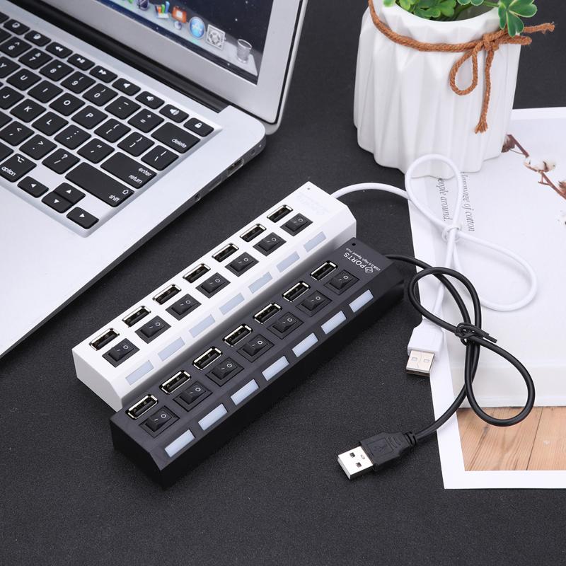 Usb hub 2.0 multi usb port 7 port hub usb høyhastighets kontakt med av / på bryter usb distributør for pc tilbehør