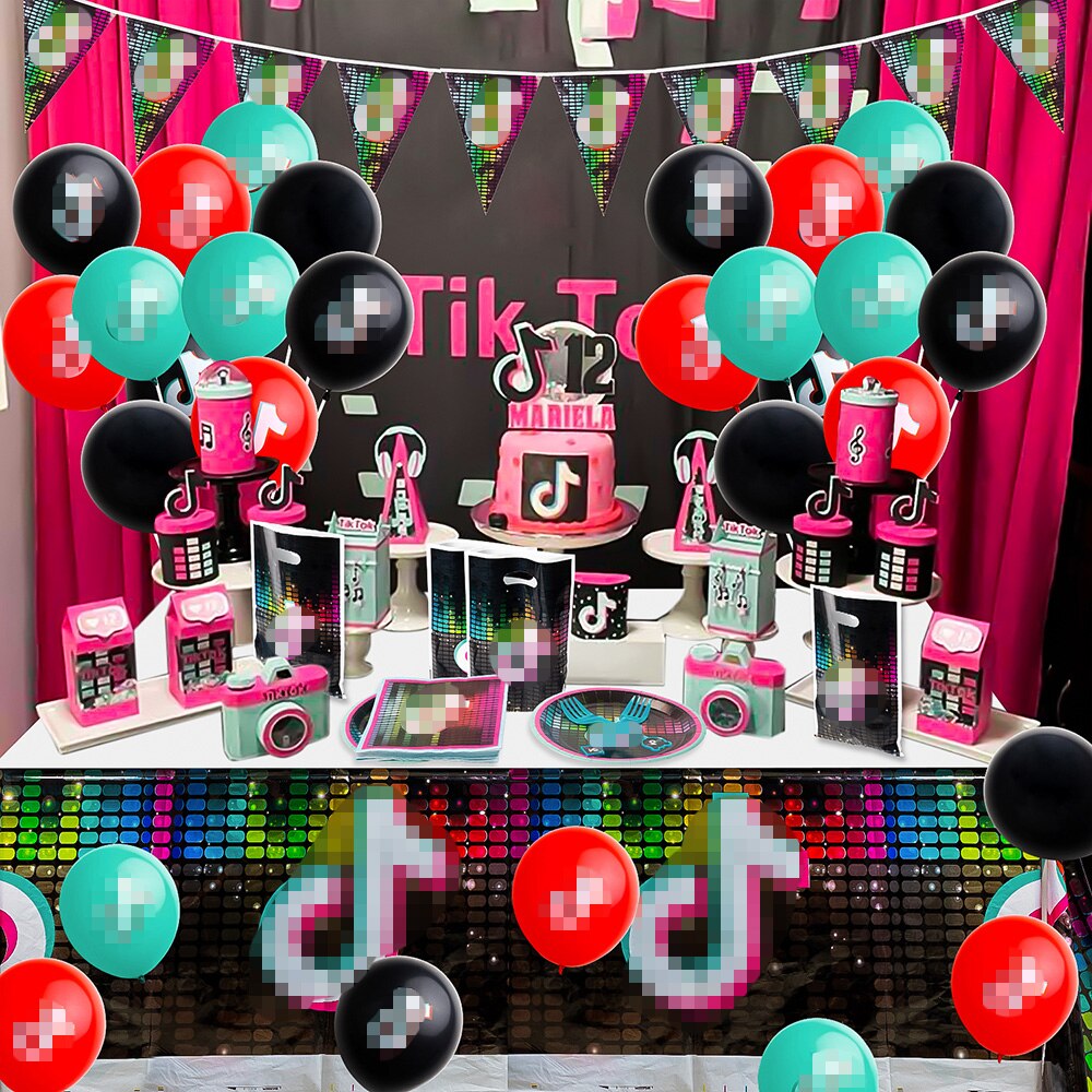 124Pcs Party Decoration Music Notes Theme Happy Birthday Party Fans Banner Balloons Treat Bag Table Cloth Plates Kit Short Video