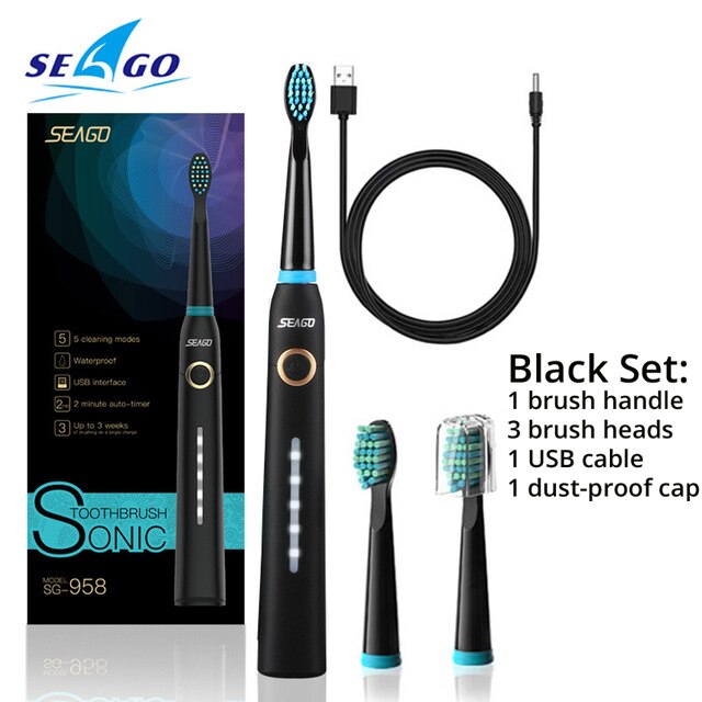 Seago sonic elektrisk tandbørste usb genopladelig med voksne 5 udskiftningshoveder til sort hurtig start timer tandbørste: Sort